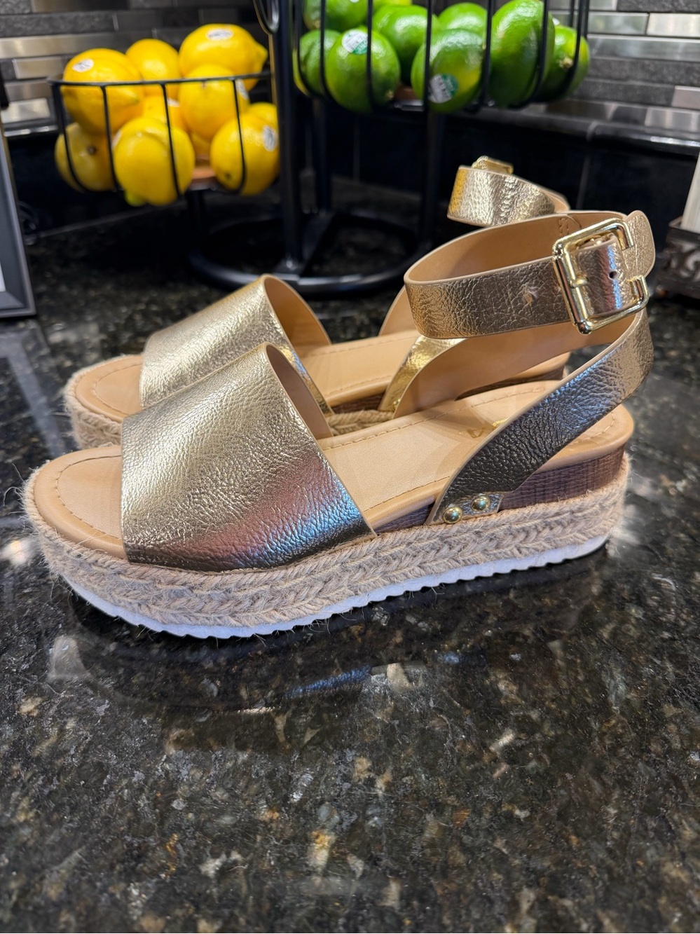 Soda Metallic Gold Espadrille Platform Sandals with Ankle Buckle